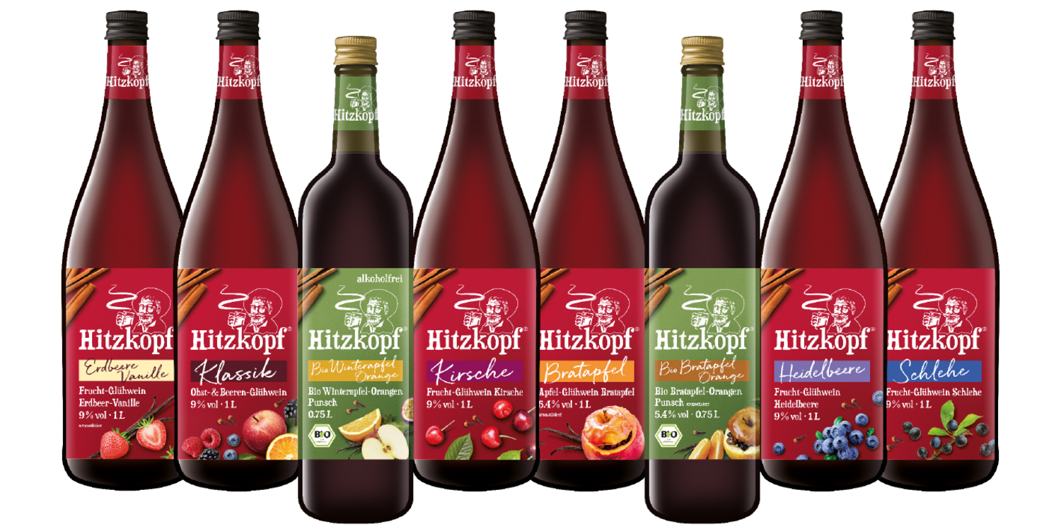 Fruchtglühwein 8 Flaschen und Sorten nebeneinander von Hitzkopf Fruchtglühwein 8 Flaschen und Sorten nebeneinander von Hitzkopf